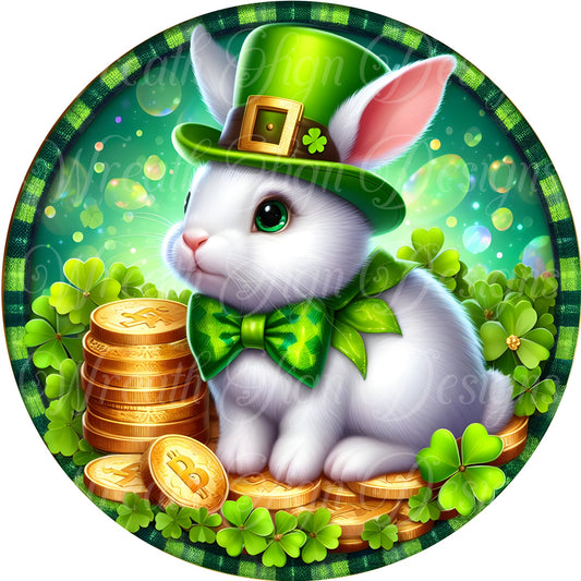 St. Patrick's Day Bunny Rabbit Leprechaun Wreath sign,  St. Patrick's Day Shamrock round metal sign,  4 leaf clover sign, wreath attachment,