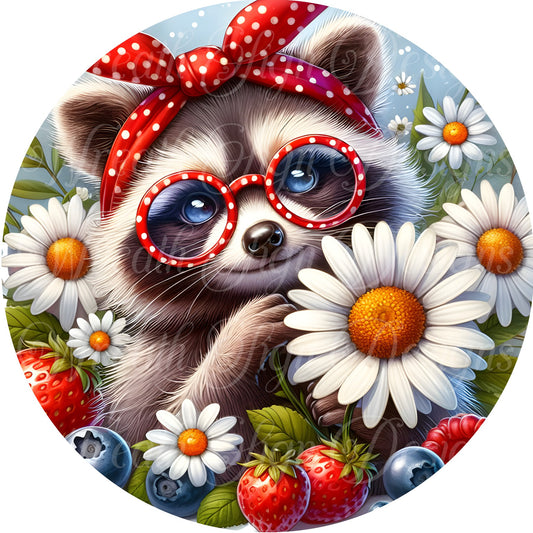 Raccoon wearing glasses round metal wreath sign, wreath center, attachment,