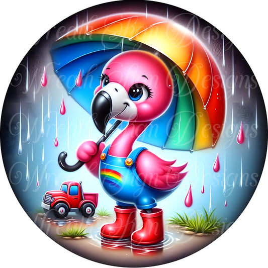 flamingo in the rain,  Umbrella, Spring metal sign  Round sign, Wreath attachment, Wreath center,