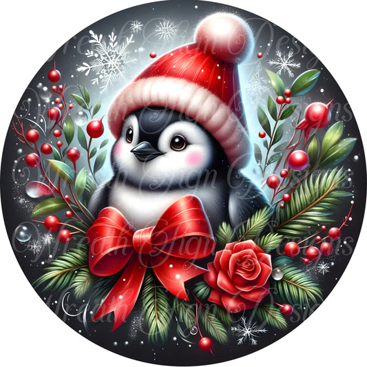 red and black penguin Christmas metal sign Round sign, Wreath attachment, Wreath center, wreath plaque