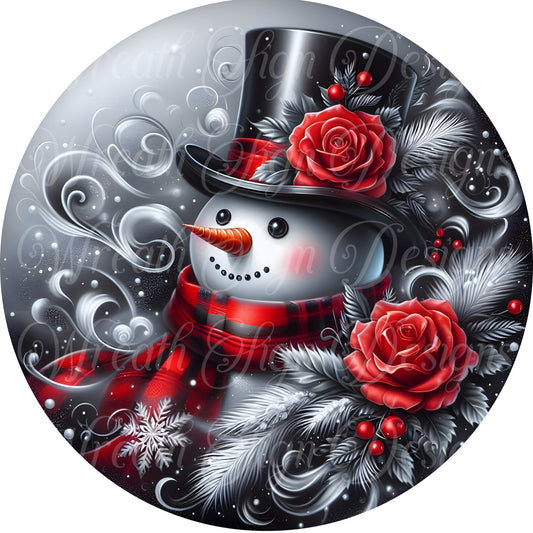 winter snowman, round metal wreath sign, red and black romantic snowman
