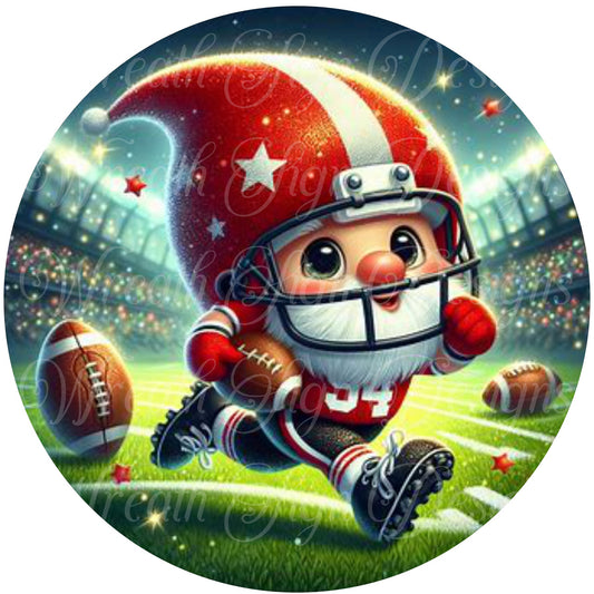 football gnome red and white Round metal sublimated wreath sign, Game day, football sign, sports, Gnome  fall sports
