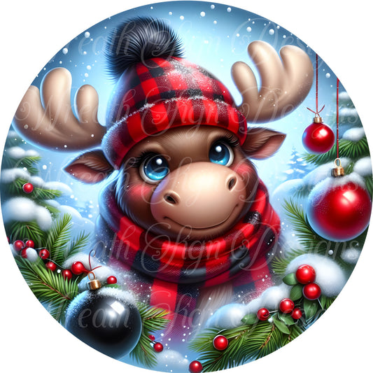 Christmas Moose wreath sign, buffalo checked Winter Moose sign, Wreath center, wreath attachment, wreath plaque