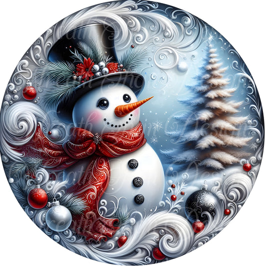 winter snowman, round metal wreath sign, red and black romantic snowman