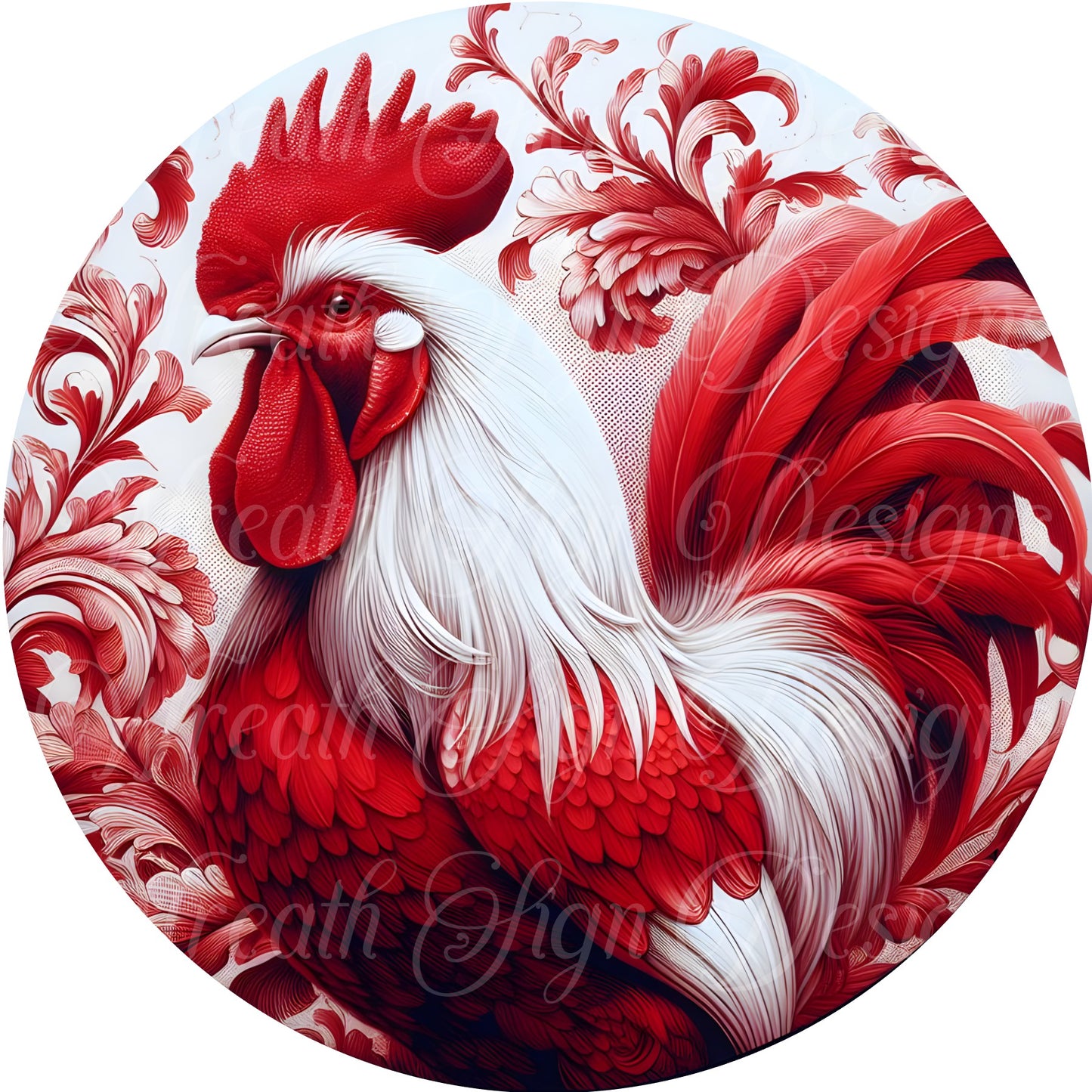 round sublimated metal wreath sign, red toile rooster sign, chicken wreath center, farmhouse sign