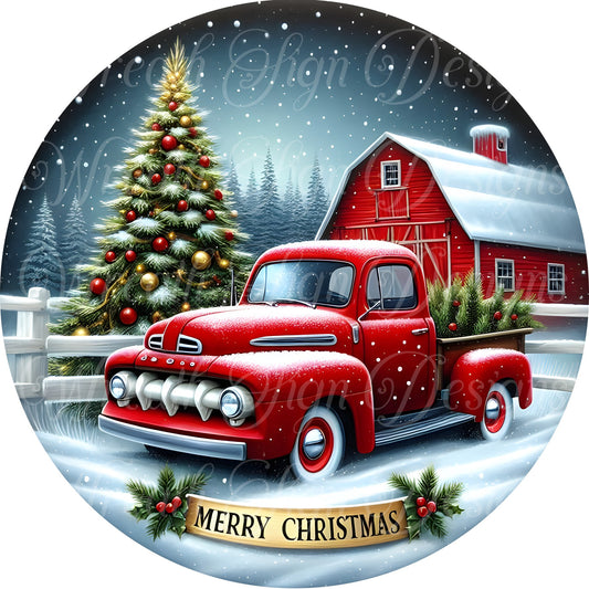 round metal wreath sign, old rustic red truck at the Christmas Tree farm, red truck, farmhouse Christmas