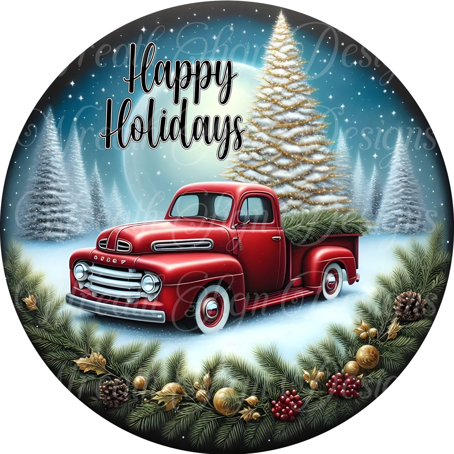 round metal wreath sign, old rustic red truck at the Christmas Tree farm, red truck, farmhouse Christmas