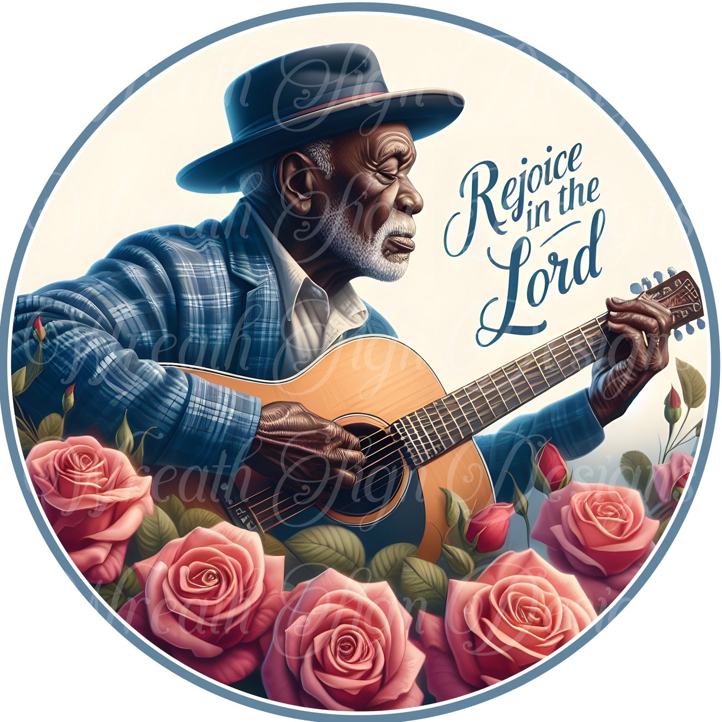 Rejoice in the Lord, African American Melanin Man playing a guitar, Roses, Religious, God Wreath sign, Wreath center, Wreath attachment