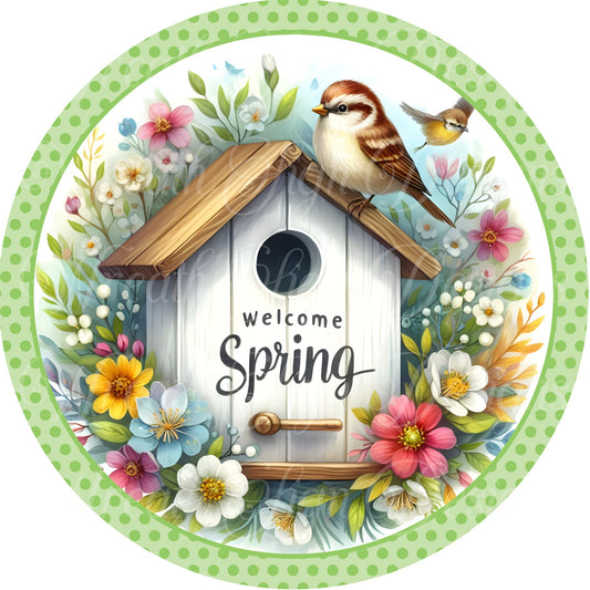 Welcome Spring, Robin bird sign,   door sign, metal wreath sign, Round sign,  attachment Wreath center, tiered tray sign