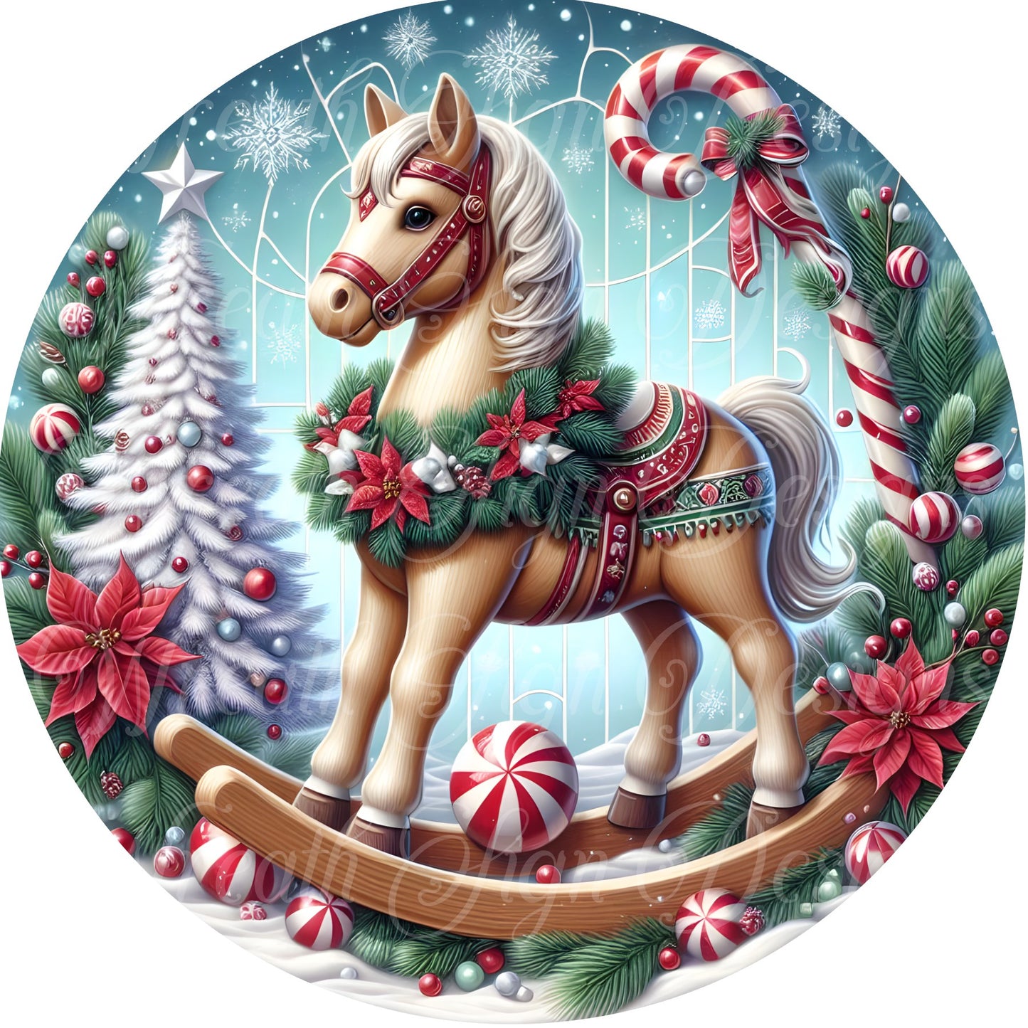 Christmas Wreath sign, Peppermint horse,  Christmas horse sign, Christmas tree, round metal wreath sign, Wreath attachment