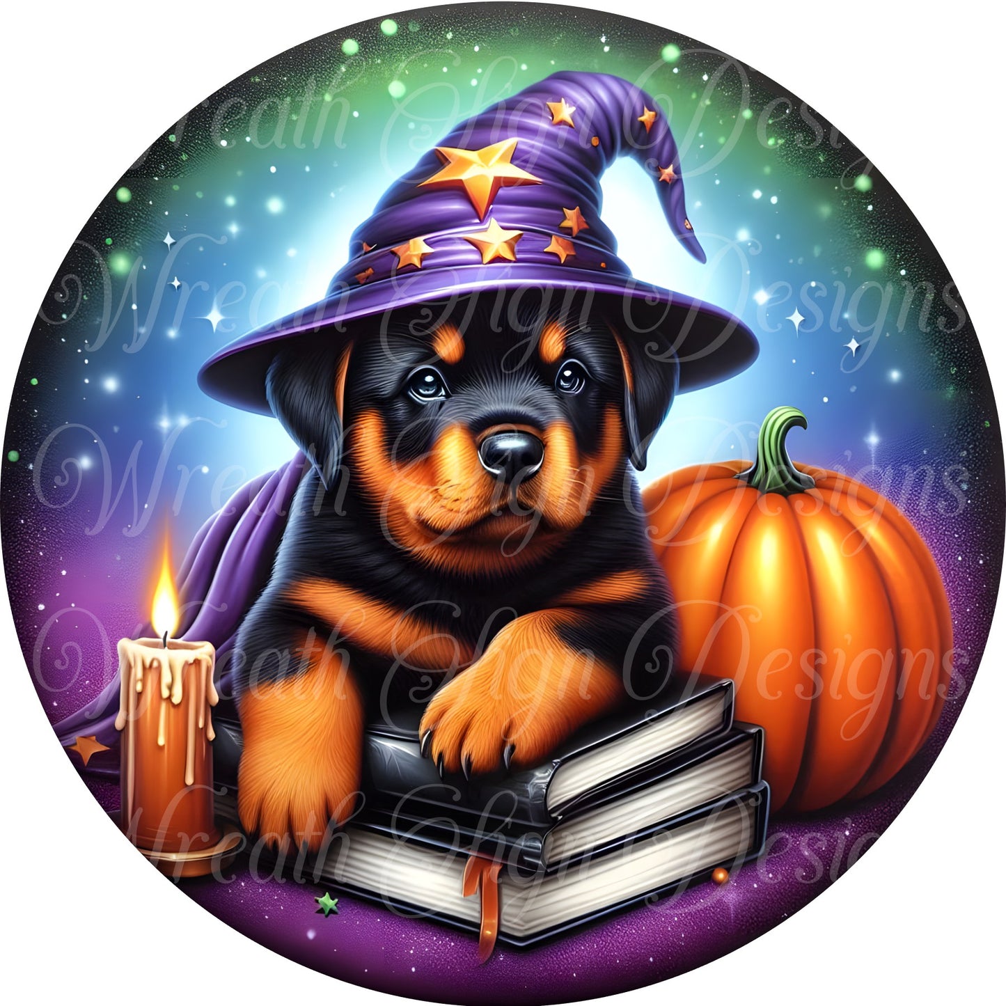 Whimsical Halloween Dog, trick-or-treat Rottweiler dressed as witch,  pumpkin round metal wreath sign, wreath center wreath attachment