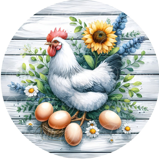 Farmhouse chicken metal wreath sign, Flowers, Chicken, chicks, Wreath sign, wreath attachment, center , Round metal sign