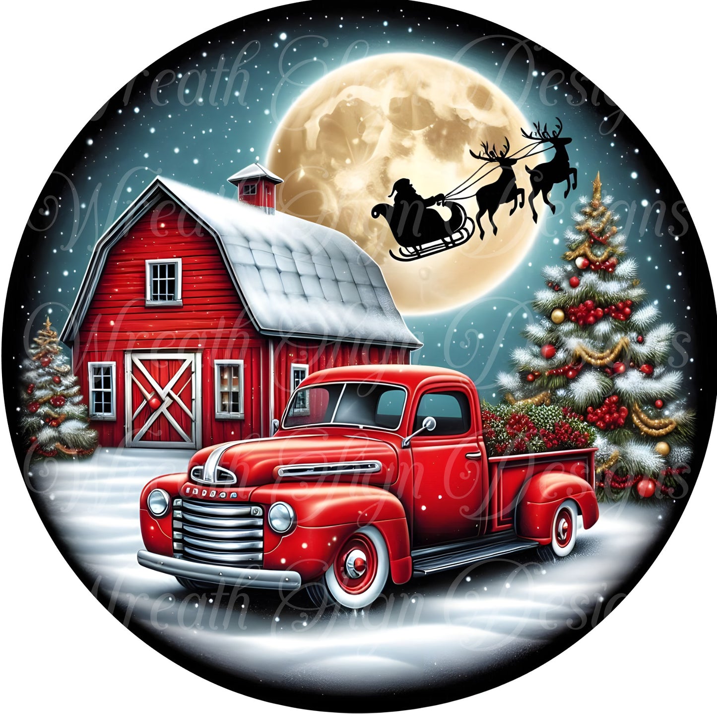 round metal wreath sign, old rustic red truck at the Christmas Tree farm, red truck, farmhouse Christmas