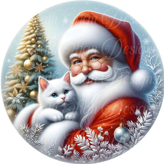 round metal sublimation wreath sign, Merry Christmas,  Santa, Santa Claus and Kitty Cat,  Kris Kringle, Father Christmas, Christmas Sign