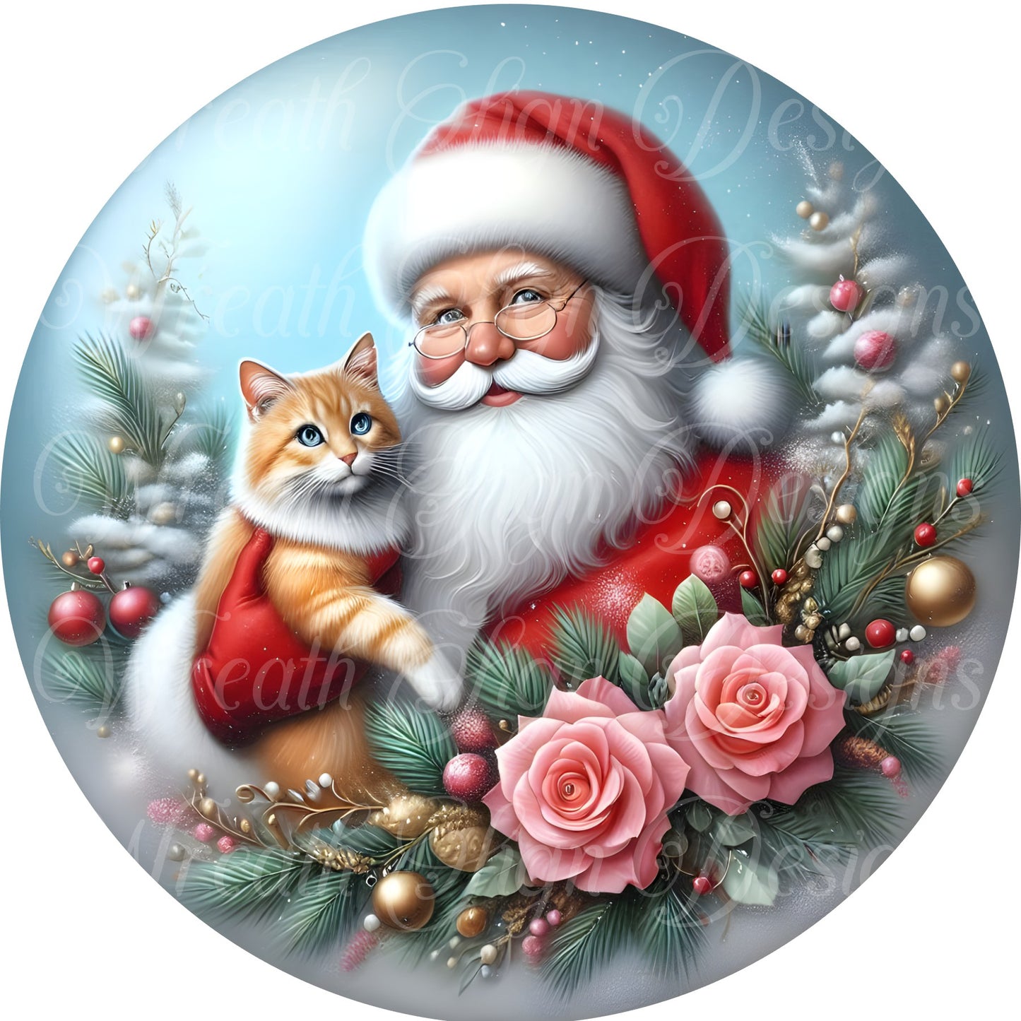 round metal sublimation wreath sign, Merry Christmas,  Santa, Santa Claus and Kitty Cat,  Kris Kringle, Father Christmas, Christmas Sign