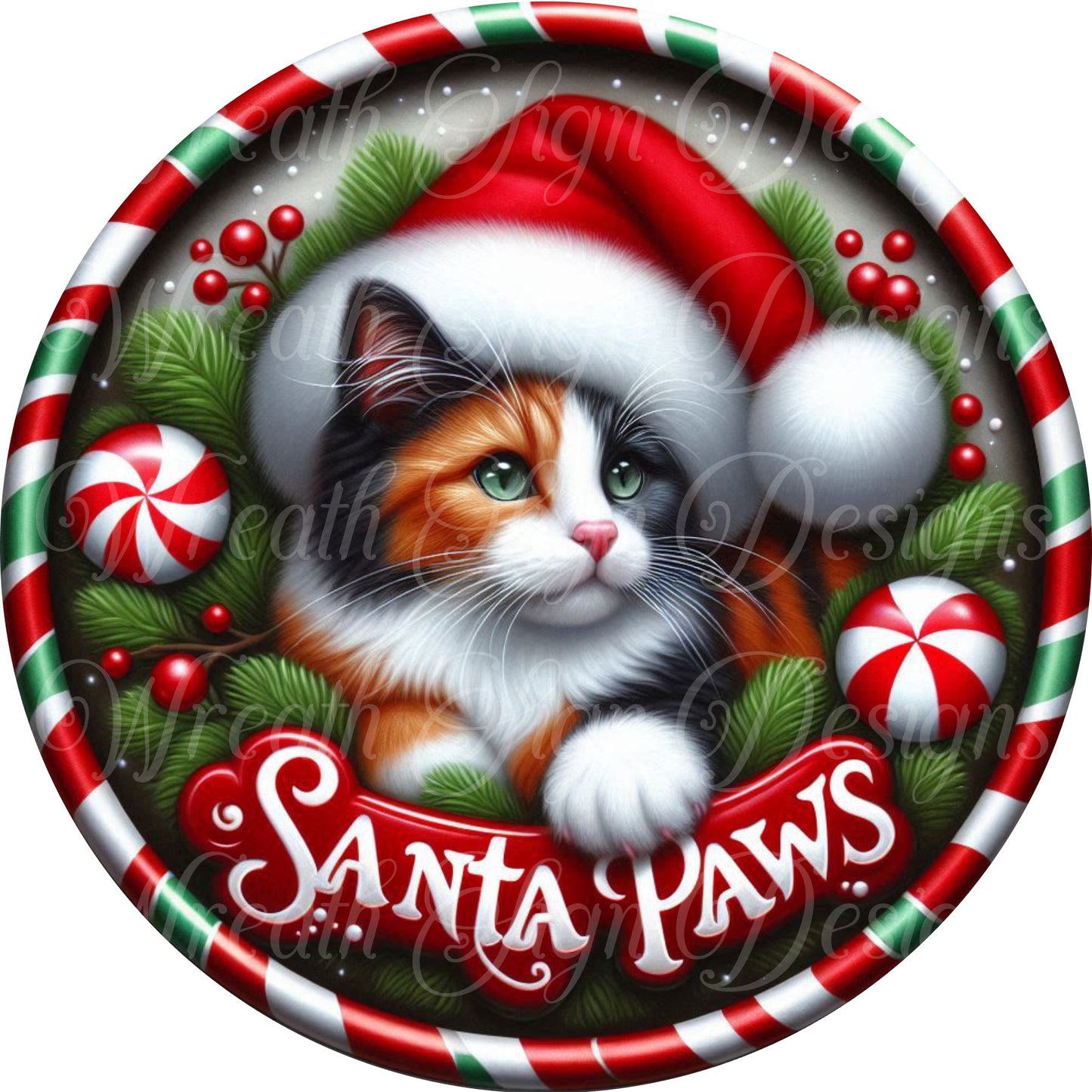 Santa Paws, Cat Christmas sign, kitten sign, round metal sign, Christmas sign, Winter wreath sign, wreath center, wreath attachment