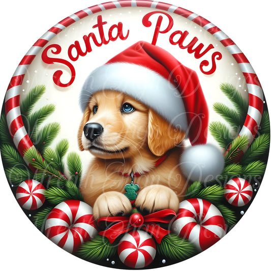 Santa Paws, Dog Christmas sign, puppy sign, round metal sign, Christmas sign, Winter wreath sign, wreath center, wreath attachment