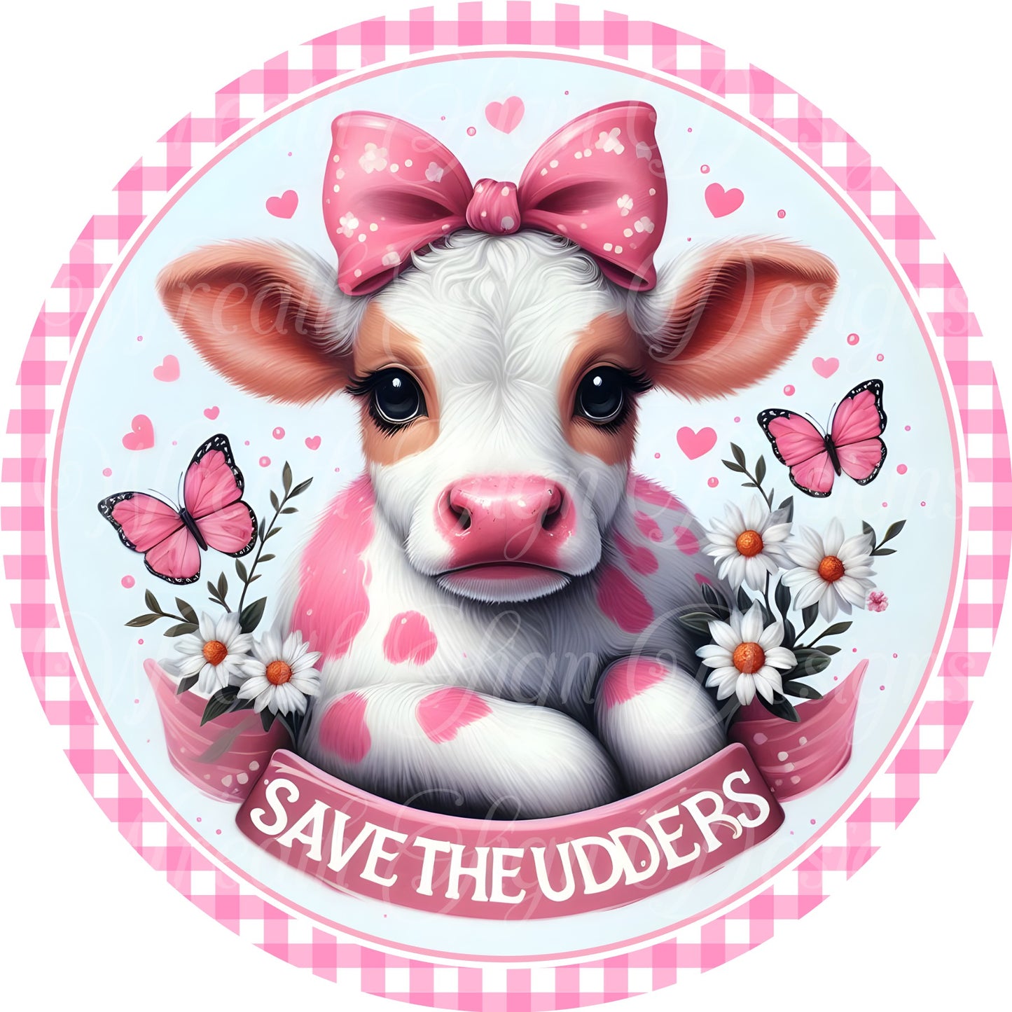 sublimated metal  cancer survivor wreath sign, breast cancer awareness ribbon, pink awareness ribbon, Save the udders cow sign