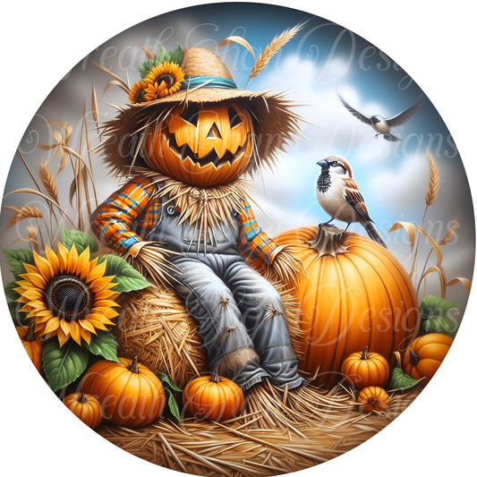 round metal sublimated wreath sign, Fall scarecrow center wreath attachment, pumpkin sign