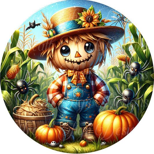 fall scarecrow  round metal wreath sign, wreath center, wreath attachment, weatherproof front door hanger, autumn decor