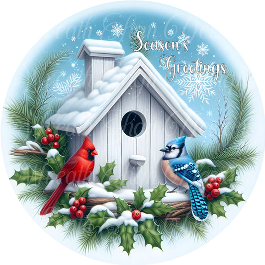 Season's Greetings blue bird and cardinal sign, winter blue Christmas, Wreath Center, Wreath Attachment,  Metal Sign, winter sign