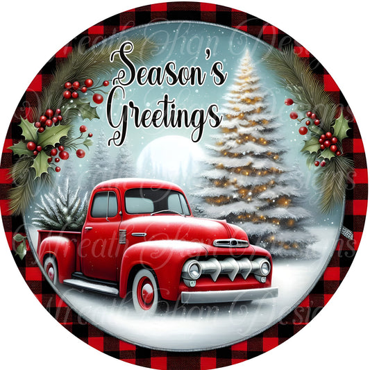 round metal wreath sign, old rustic red truck at the Christmas Tree farm, red truck, farmhouse Christmas