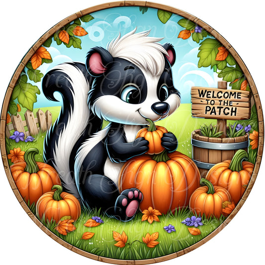 Pumpkin patch skunk welcome metal wreath sign, skunk wreath sign, round metal sign, wreath sign, wreath center