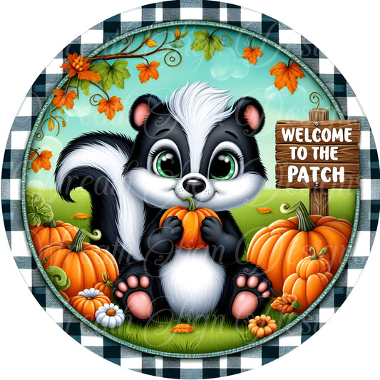 Pumpkin patch skunk welcome metal wreath sign, skunk wreath sign, round metal sign, wreath sign, wreath center