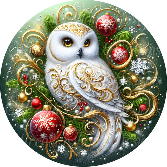 round metal sublimation wreath sign, Woodland owl, White winter owl sign, Christmas wreath center, wreath attachment