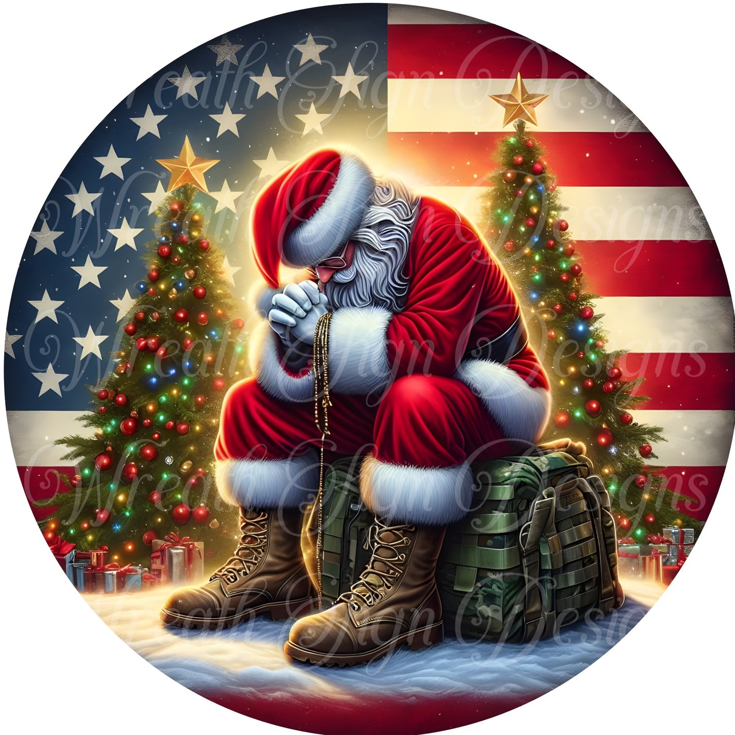 Santa saying a prayer for our soldiers, Christmas sign, Winter wreath sign, wreath center, wreath attachment, Holiday Sign