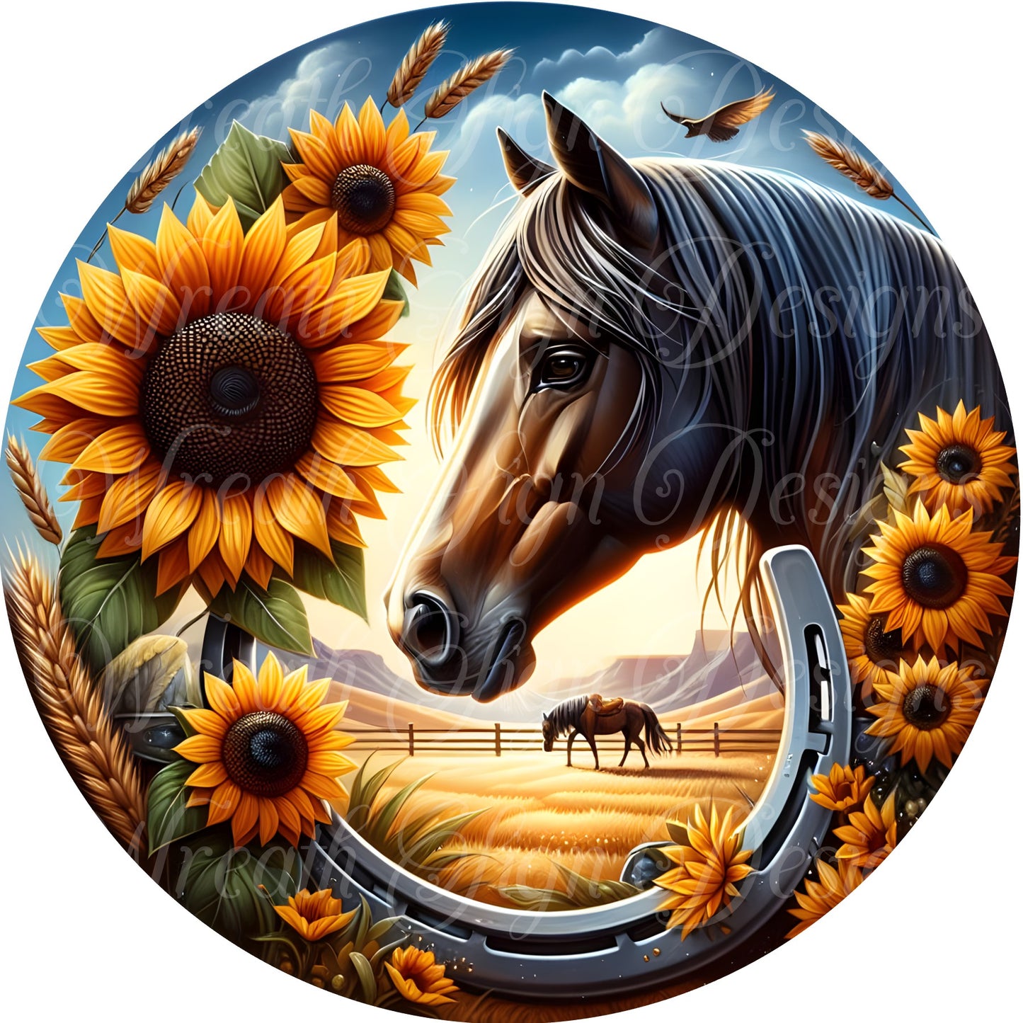 Southwest Style Horse sign. Sunflowers Fall Autumn round metal wreath sign. center. attachment