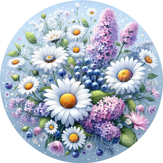 Springtime blue and white and purple flowers, Daisies, Sign for wreaths, Round metal wreath sign, center, attachment, plaque