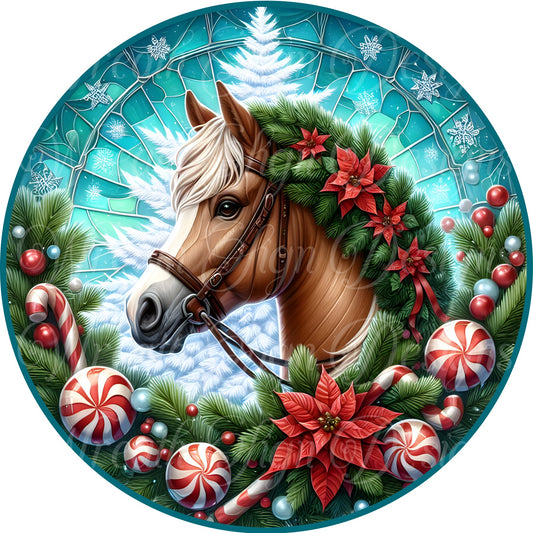 Faux stained glass Christmas Horse sign, Christmas horse sign, metal wreath sign, Round sign, attachment Wreath center, Christmas sign