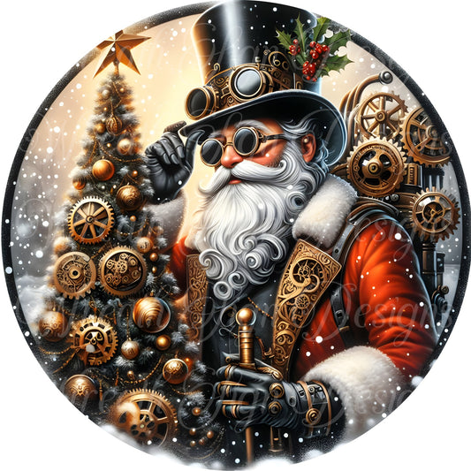 Steampunk Santa Christmas round metal wreath sign. Santa in the snow for Christmas wreath center, plaque attachment, Gothic decor, steampunk