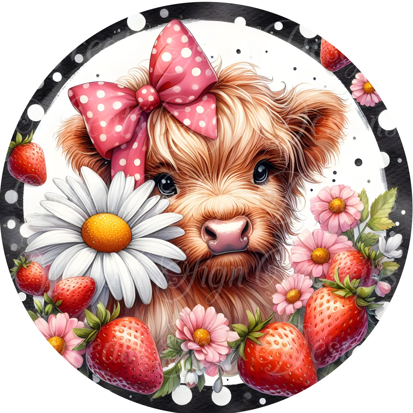 Cute highland cow and daisies, Strawberry Springtime welcome sign, Metal wreath sign, round metal wreath attachment