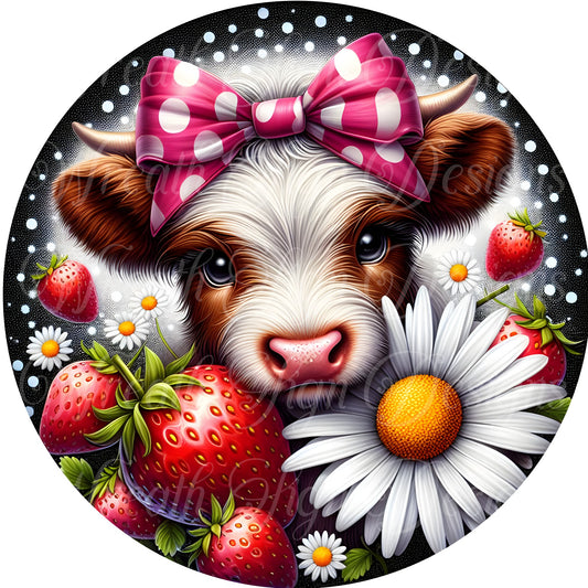 Cute highland cow and daisies, Strawberry Springtime welcome sign, Metal wreath sign, round metal wreath attachment