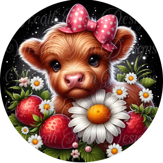 Cute highland cow and daisies, Strawberry Springtime welcome sign, Metal wreath sign, round metal wreath attachment