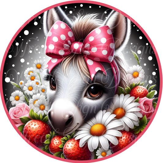 Donkey round metal wreath sign, wreath center, attachment, springtime summertime, strawberries and daisies