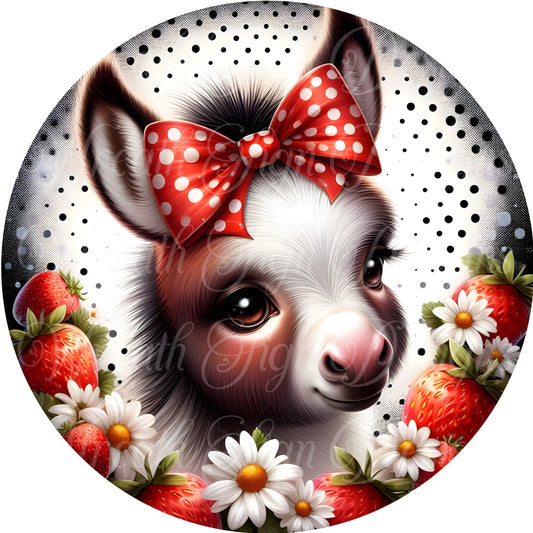 Donkey round metal wreath sign, wreath center, attachment, springtime summertime, strawberries and daisies