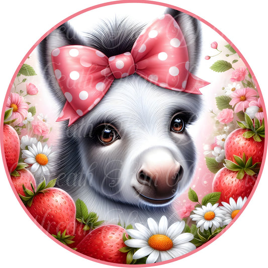 Donkey round metal wreath sign, wreath center, attachment, springtime summertime, strawberries and daisies