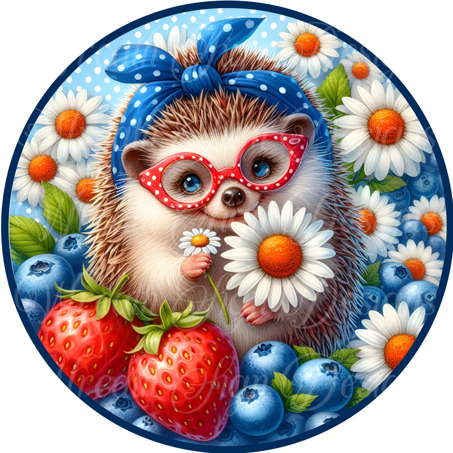 hedgehog wearing glasses round metal wreath sign, wreath center, attachment,