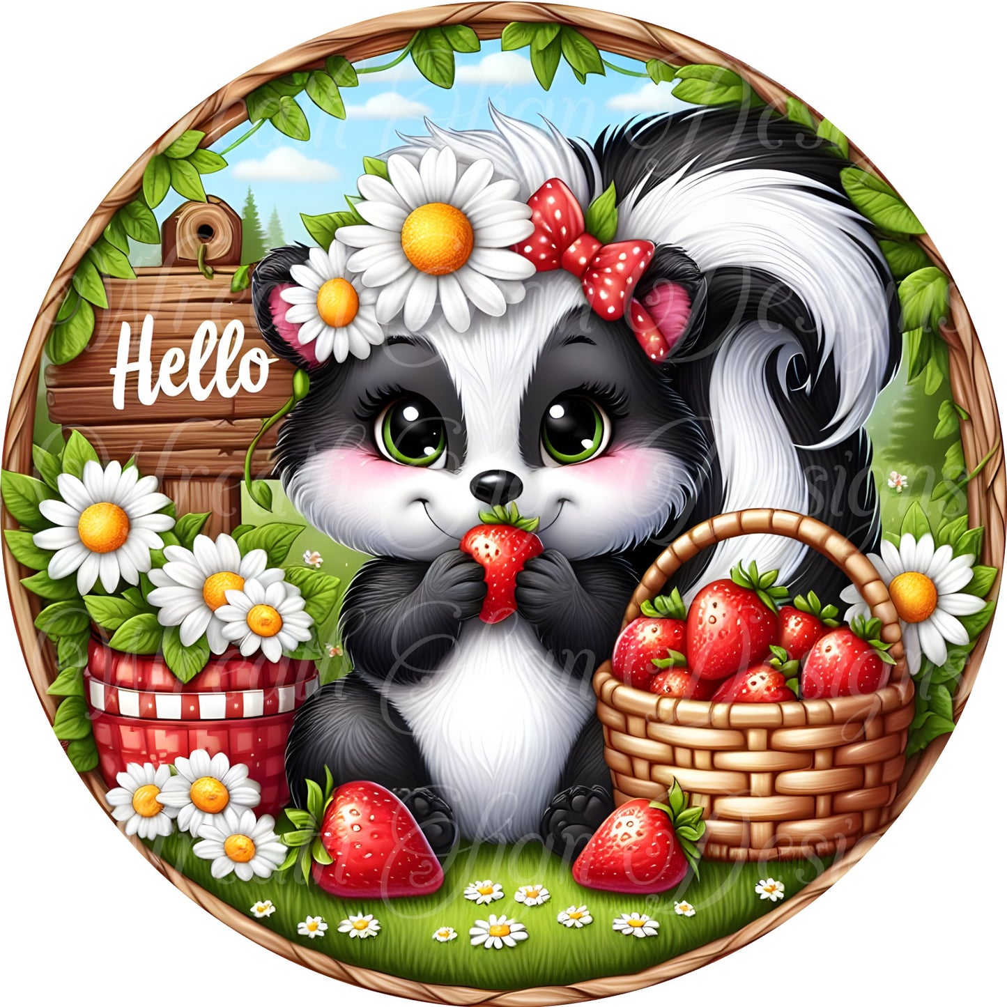 Strawberry welcome sign, strawberry patch, strawberry picking season, skunk wreath sign, round metal sign, wreath sign, wreath center