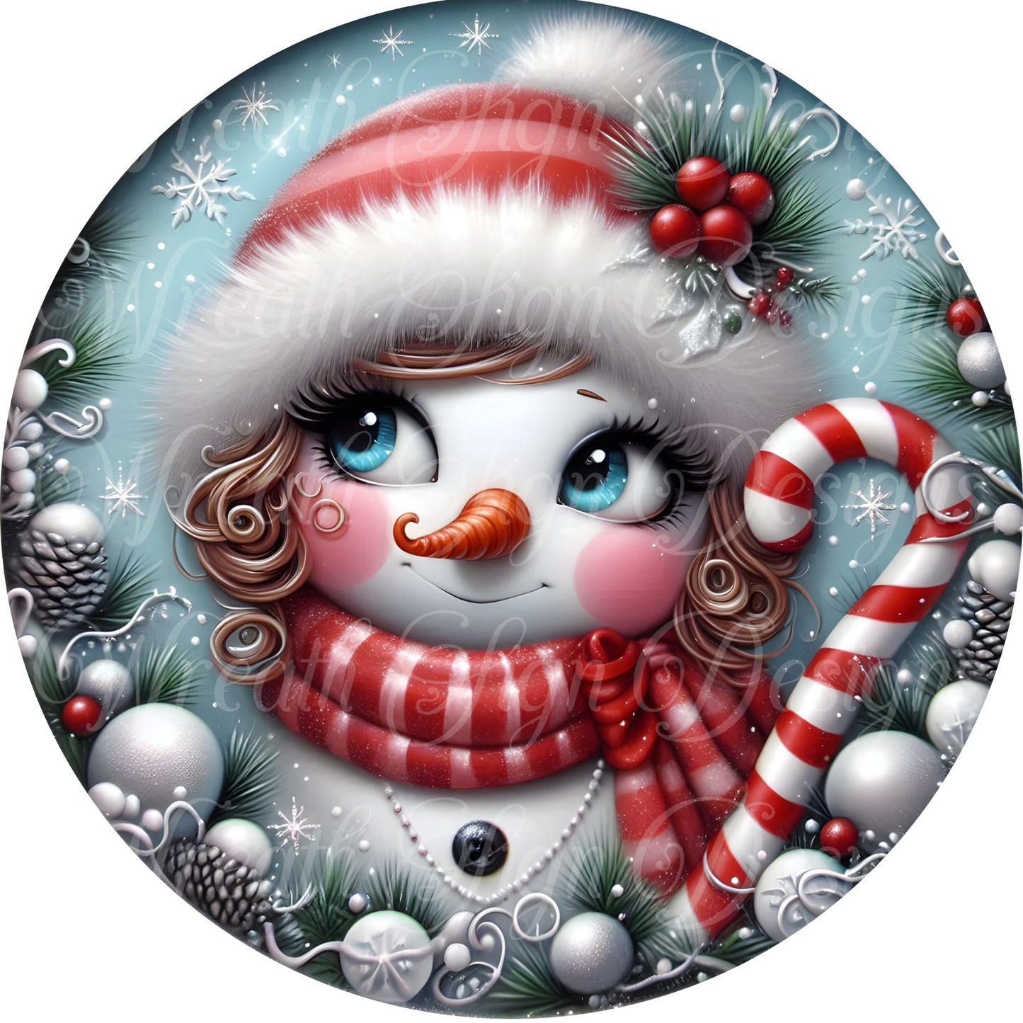 Peppermint snowman round metal sign, Christmas Wreath sign, Holiday sign, wreath center, wreath attachment, winter scene, snowman