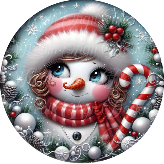 Peppermint snowman round metal sign, Christmas Wreath sign, Holiday sign, wreath center, wreath attachment, winter scene, snowman