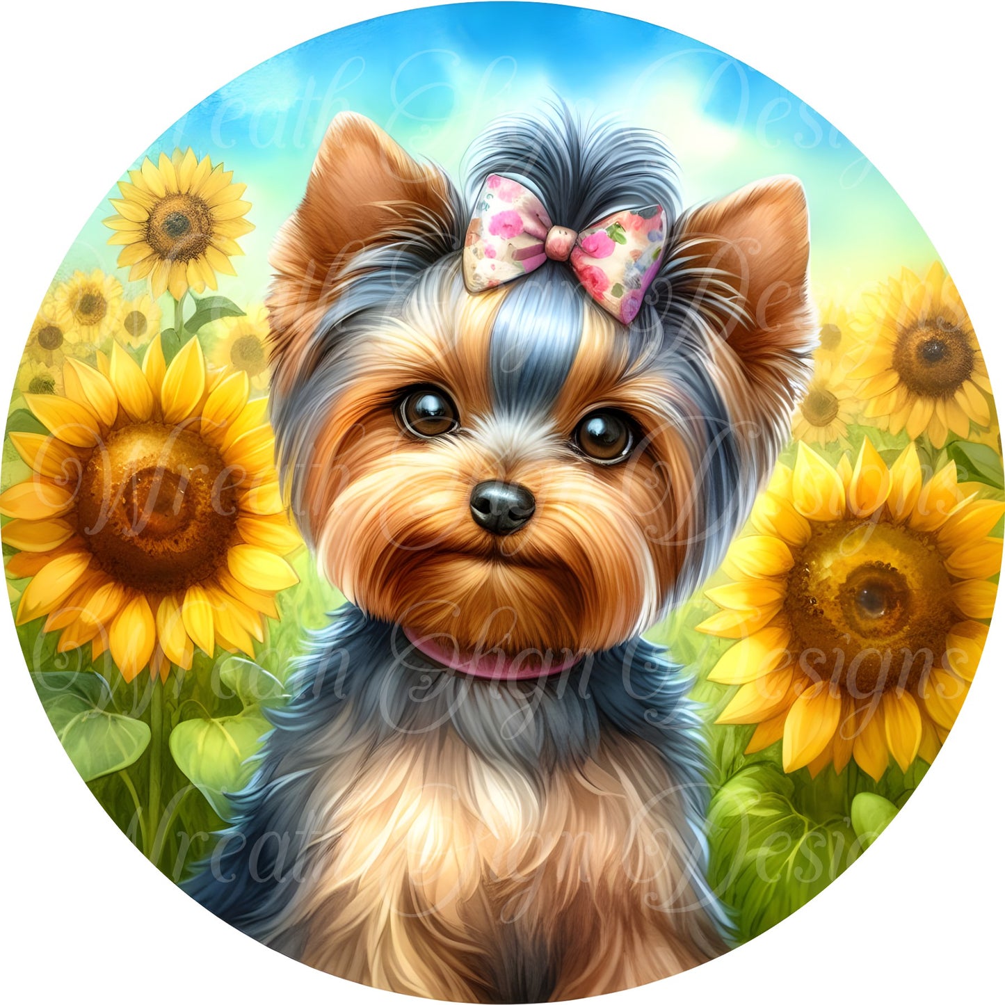 Yorkie dog in the sunflowers round metal wreath sign