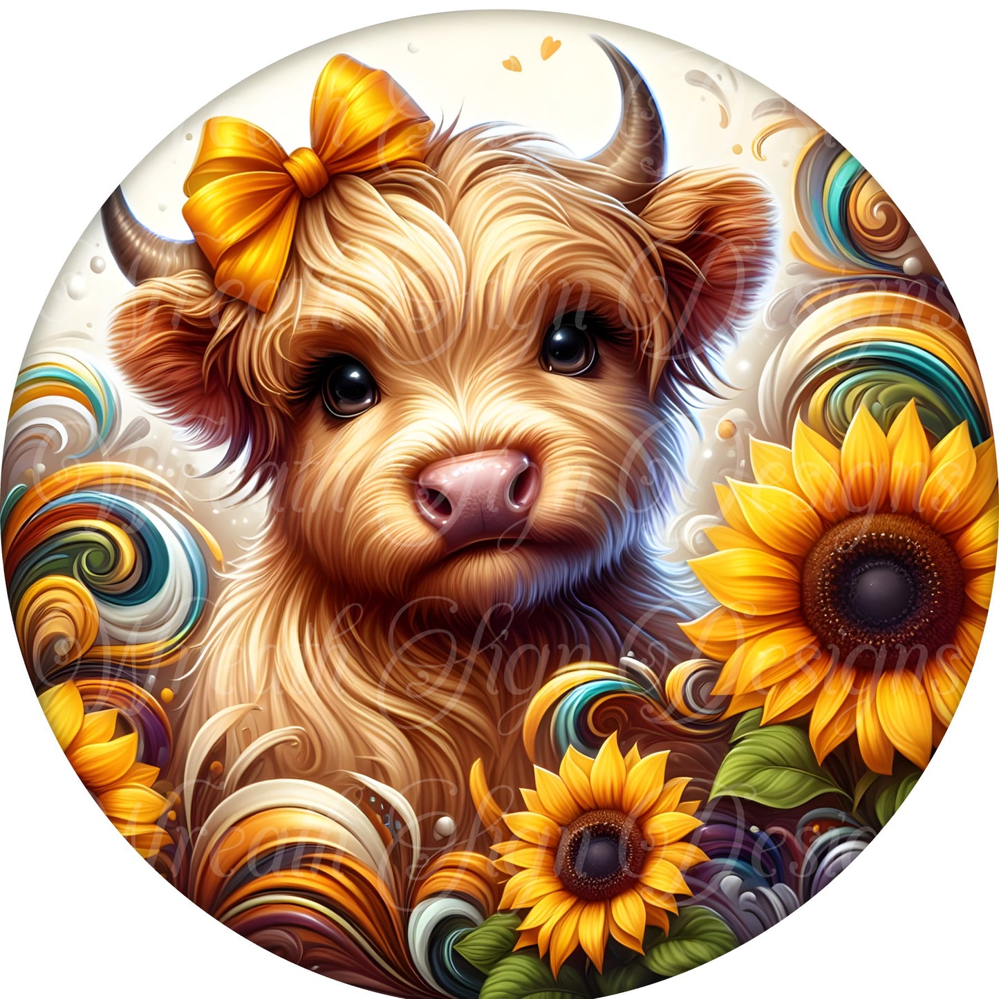 Highland cow and sunflowers round metal wreath sign, farmhouse, summer Wreath Center