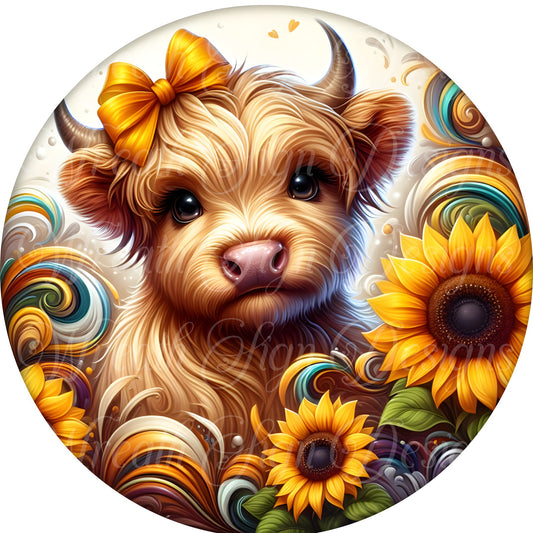 Highland cow and sunflowers round metal wreath sign, farmhouse, summer Wreath Center