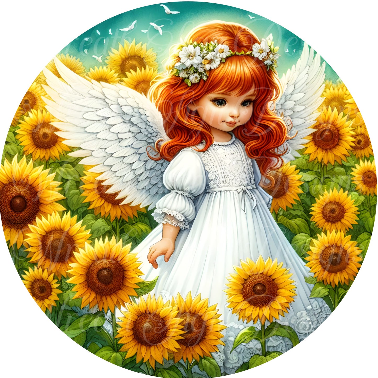 Angel in the sunflowers round metal wreath sign, wreath center, wreath attachment, fall, autumn wreath sign, sunflowers, angels