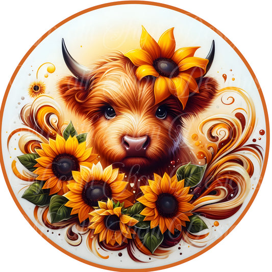 Highland cow and sunflowers round metal wreath sign, farmhouse, summer Wreath Center