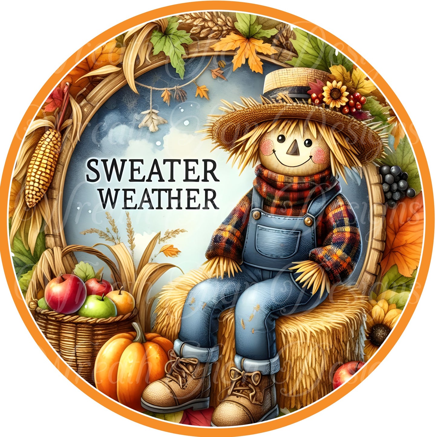 Sweater Weather  Fall scarecrow center wreath attachment, pumpkin sign, sublimated metal sign